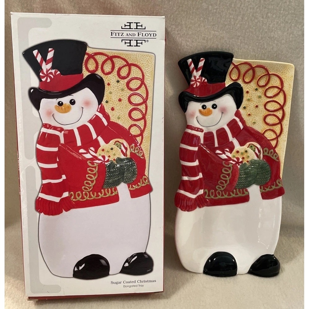Fitz & Floyd Sugar Coated Christmas Snowman Elongated Ceramic Serving Tray 2008